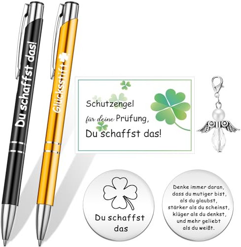 Tenare Mutmacher Geschenk Set Motivation Kugelschreiber Schutzengel Anhänger Kleeblatt Glücksbringer Du Schaffst Das für Abi Prüfung Freund Kollege Abschied (Schwarz und Gold, Glücksstift)