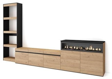 Skraut Home | Muebles de Salón para TV | Conjunto de Muebles Comedor | 310x186x35cm | para TV hasta 65 | Chimenea eléctrica | Estilo Moderno | Roble y Negro