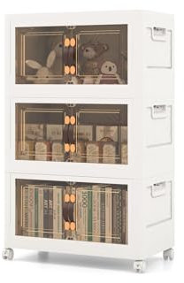 GOPLUS Boîtes de Rangement Empilables, 3 Bacs de Armoire avec Roues Verrouillables, Poignée Pratique, Commode Pliable en PP avec Couvercle & Portes pour Salon (44,5x30x77,5cm)