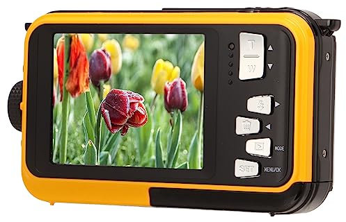 Fotocamera Subacquea, Fotocamera Digitale Impermeabile da 2,7K 48MP 10 Piedi, Zoom Digitale 16X, Fotocamera Subacquea Selfie a Doppio Schermo per lo Snorkeling (YELLOW)