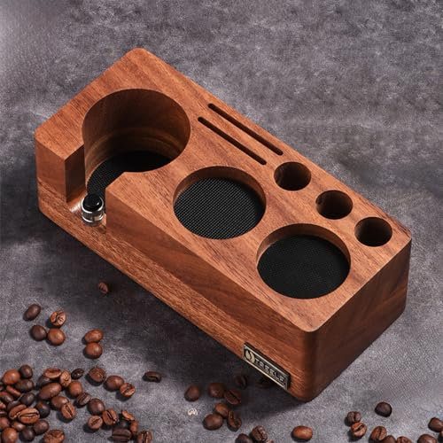 LingTing Espresso Tampierstation 51/54MM aus Massiv Nussbaum - Barista Arbeitsplatz mit Anti-Druck Basis & Tamper Halterung für Thekenorganizer