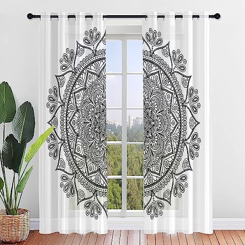 Surwin Mandala Gardinen mit Ösen, 2er Set Vorhänge, Modern Transparent Vorhänge Wohnzimmer Polyester Gardinen Küche Fenster Wohnzimmer Schlafzimmer (140x244cm,Weiß)