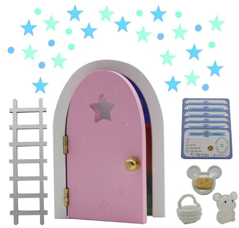 Qué Kawaii® MAGIQUE LA PETITE SOURIS. PORTE QUI S'OUVRE ET BRILLE DANS LE NOIR!!!Porte et escalier en bois à peindre et customiser+sac au crochet+Assiette+Fromage+étoiles+6 certificats (Rose)