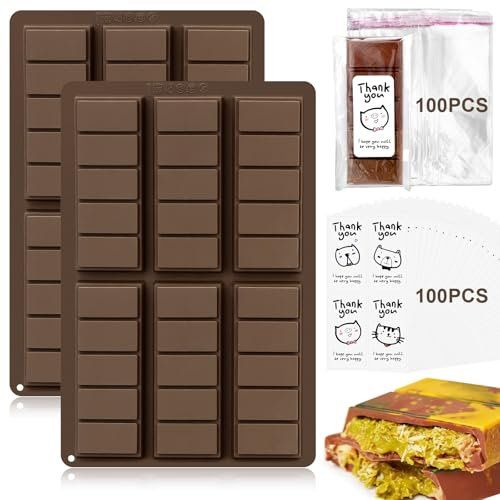 2 Pièces Moule Silicone Chocolat, 6 Cavités Moule Tablette Chocolat avec 100 Sac Transparent et 100 Autocollants Remerciement, Brun Moules à Pâtisserie pour Faire Chocolat, Bonbons, Gelée
