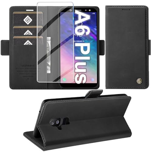 Giyer Handyhülle für Samsung Galaxy A6 Plus Hülle mit Schutzfolie, Schutzhülle Galaxy A6+ Plus PU Leder Wallet Flip Case Standfunktion Kartenfach Klapphülle für Samsung A6 Plus Cover Tasche (Schwarz)
