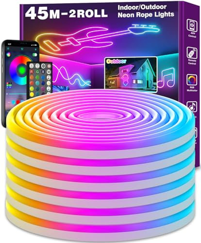 LETIANPAI 45m Neon Rope Lights, Flexible LED Cord Lights Controlled with App/Remote, Multiple Modes, IP65 Outdoor RGB Light Waterproof, Music Sync Led Neon