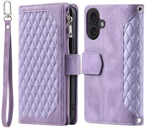 Unichthy For iPhone 16 Plus Zipper Case 7 Card Slots with Strap Shockproof Leather Flip Wallet Purse Handbag Zip Pocket Phone Cover Magnetic Stand Skin for iPhone 16 Plus Light Purple