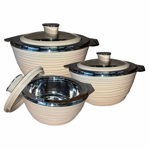 3-Piece Insulated Casserole Set with Lid – Double-Wall Hot Pot for Food Serving and Storage – Thermal, Stainless Steel Interior – Ideal for Kitchen, Lunch, and Dinner (Swiss Coffee) (1000,1500,2000ML)