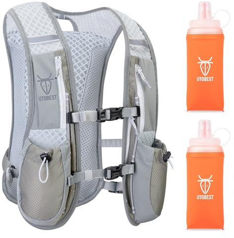 UTOBEST Trinkrucksack 5L, Laufweste, Herren Damen Ultraleicht Laufrucksack für Laufen, Marathon, Jogging, Radfahren (Grau, mit 2*350ml Flaschen)