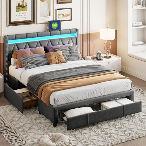 BHFFTHK Polsterbett Doppelbett 160x200 mit LED Kopfteil und USB,Stauraumbett mit 4 Stauraum Schubladen,Bett Jugendbett Bettgestell mit Lattenrost und bettkasten, ohne Matratze, Leinen Grau
