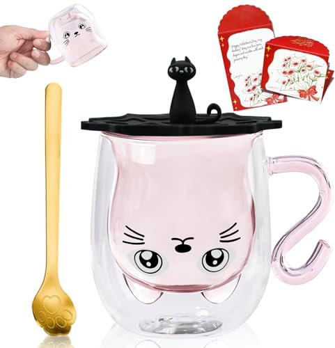 Afitdon Graziosa tazza per gatti a doppia parete, motivo gatto carino tazze con biglietto di benedizione, cucchiaio e coperchio per bicchiere, regalo per gli amanti dei gatti, 280 ml, per cappuccino,
