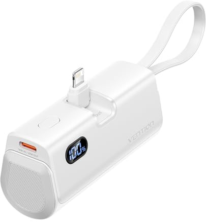 VENTION Mini Power Bank 4800mAh, 22,5W PD Schnellladung mit eingebautem faltbarem USB-C & Lightning Kabel, LED Display, tragbarer Akku für iPhone 15/14/13/12, iPad, Samsung, AirPods - Weiß