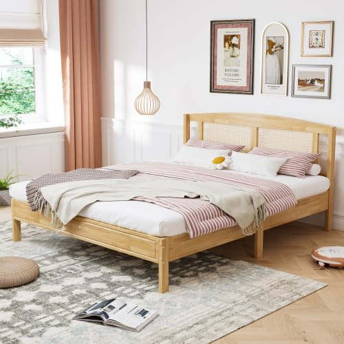 Holzbett Doppelbett 160x20 cm, Rattanbett Jugendbett Bettgestell Bettrahmen Gästebett Familienbett Erwachsenenbett mit Rattannetzkissen Kopfteil und Lattenrost, Ohne Matratze, Kiefer+PE-Rattan, Natur