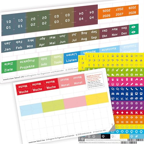 weekview Tabs - Griffregister für Kalender, Organizer und Planer | Farbig markierte Registerkarten | Perfekte Übersicht & Organisation | Ideal für Büro, Schule und Zuhause (2026, Tabs 2-2026)