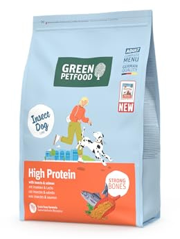 Green Petfood InsectDog High Protein | 5X 900g | Hundefutter trocken | Adult | Insekten & Lachs mit Linsen | Premium Trockenfutter für erwachsene aktive Hunde | kleine Kroketten | getreidefrei