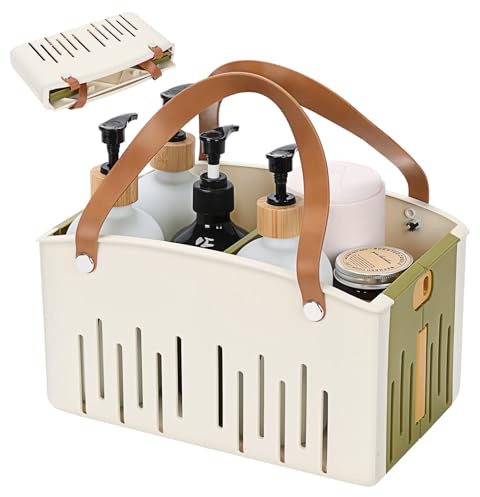 Erogeen Portable Shower Caddy Collapsible Plastic Shower Basket Tote with Handles Removable Divider, Cleaning Caddy Storage Organizer for Bathroom College Dorm (Green)