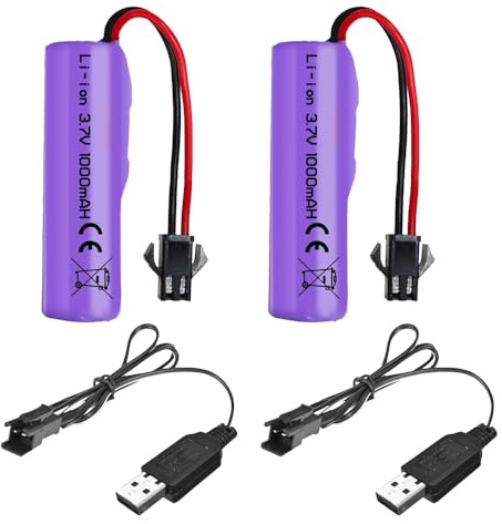 SKIKHN 2PCS 1000mAh 3.7V RC Battery, Rechargeable Lithium Batteries with UBS Charging Cable SM-2P plug, Universal Li-Ion Battery Compatible for RC vehicles, boats, tanks, cars, robots, stunt cars