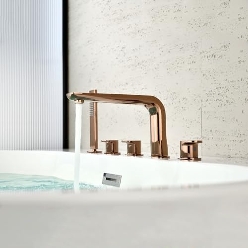 Roségold Wannenrandarmatur mit Brause 360° Drehbarer Zweigriffarmatur für Badewanne 5 Loch Dusch Armaturen Set