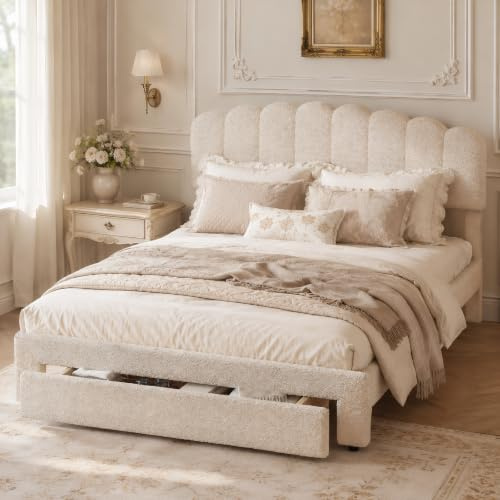 Lit Teddy Beige 140x200 avec Sommier à Lattes, Tête Réglable en Hauteur avec Port USB, Lits Coffre avec Tiroir De Rangement, Cadre De Lit Capitonné Moderne pour 2 Personnes