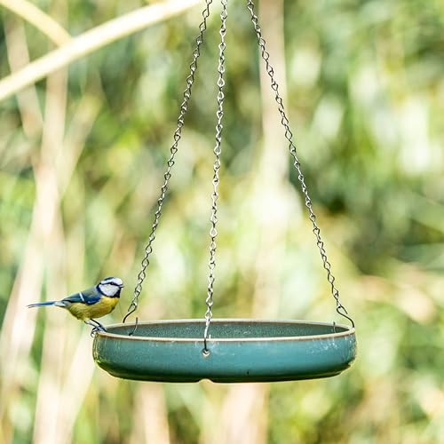 CJ Wildlife Vogeltränke Keramik – Winterfest Vogelbad mit Aufhängekette – Multifunktionale Trinkschale Vögel – Grün – Hängendes Vogelbad für Garten