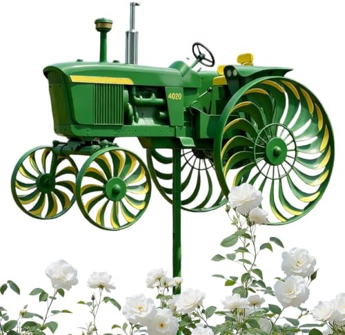 caiduos Grüner Traktor Windmühlenstecker, Robuster Metall Windspinne mit Drehbaren Rädern, Dekorative Bodenstecker Windrad, Bewegungskunst Windskulptur, für Hof, Terrasse, Garten, Blumenbeet