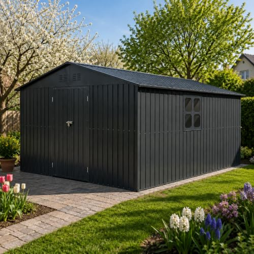 Albatros Gerätehaus 4XL RAL7016 | 387x326x204cm, 25,7m³, abschließbar | Gartenhaus mit Fenster, Holzunterstand, inkl. Schloss & Werkzeughaken, verzinktes Metall, wetterfest, Anthrazit, langlebig