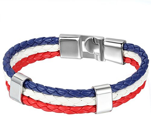JewelryWe Lederarmband Französische Flagge Armband: Frankreich Flagge Fußball Weltmeisterschaft WM & EM Länder France Fanartikel Leder Geflochten Armband Armreif für Herren Damen Blau Weiß Rot