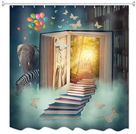 A.Monamour Rideaux de Douche Fantasy Bibliothèque Maison Livre Escalier Au Conte De Fée Château Enchanté Éléphant Zèbre Papillons Polyester Tissu Rideau De Douche pour Les Enfants 180x200 cm
