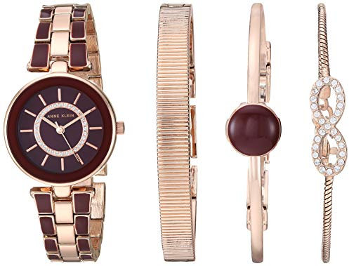 Anne Klein Women's Premium Crystal Accented Watch and Bracelet Set, AK/3286 Burgundy/Rose Gold