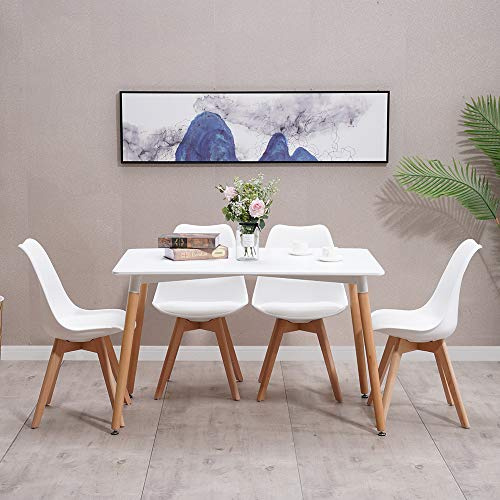 HomJoy Dining Room Table and Chairs Set 4 Rectangular 120cm White | Modern Kitchen Table Solid Wood Leg PU Padded Seat Lounge Chair Space Saver for Restaurant Office Reception Apartment Canteen
