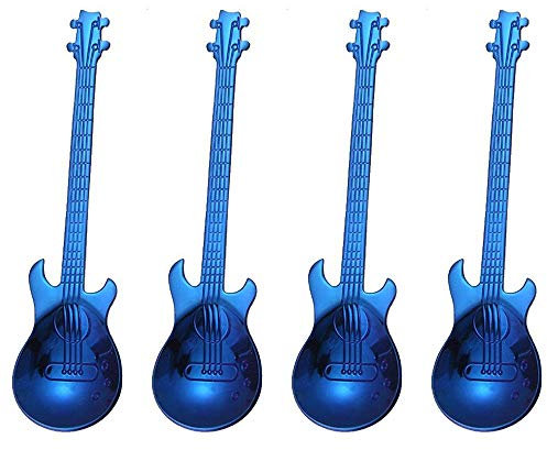 HMILYDYK Set von 4 Gitarrenförmigen Edelstahl-Kaffeelöffeln Gitarren-Löffel Musikalischer Dessertlöffel niedliches Küchenutensilien blau