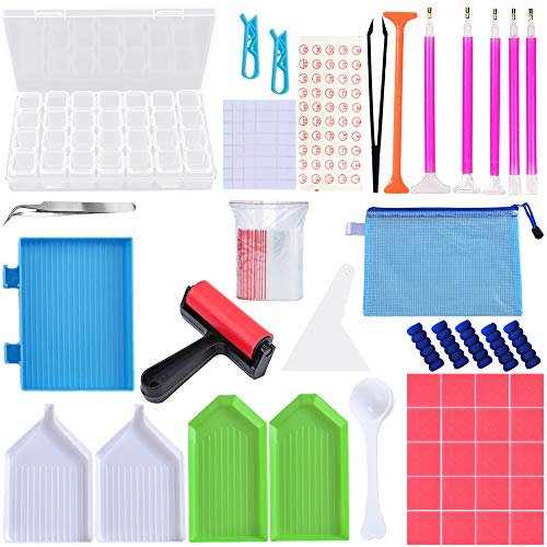 Diamond Painting Zubehör,94 Stück 5D Diamant Painting Stickerei Kreuzstich Werkzeug Set,Aufbewahrungsbox für Art Craft und Quick Point Stift, Kleber,Platte,Pinzette,Taschen,Etikette,Diamant-Malwalze