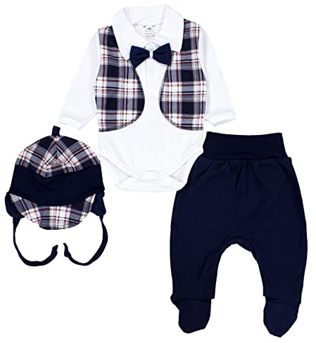 TupTam Baby Kleidung Set Body Strampelhose Mütze Bekleidungsset Jungen Mädchen, Farbe: Dunkelblau/Fliege/Kariert, Größe: 68