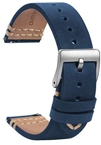 TStrap Leder Uhrenarmband 18mm - Weich Blau Quick Release Uhrenarmbänder Ersatz - Sport Uhrenarmband für Herren Damen - Smartwatches Armband mit Silber Schließe - 19mm 20mm 21mm 22mm