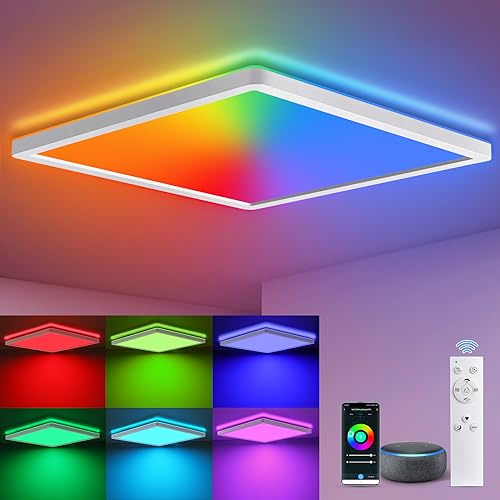 Alexa Deckenlampe, 18W 1800LM RGB Deckenleuchte Alexa Kompatibel, Smart Deckenleuchte Dimmbar mit Fernbedienung, Led Lampe 30*30*2.5CM, 4000K Lampen als Wohnzimmerlampe, schlafzimmerlampe, Küchenlampe