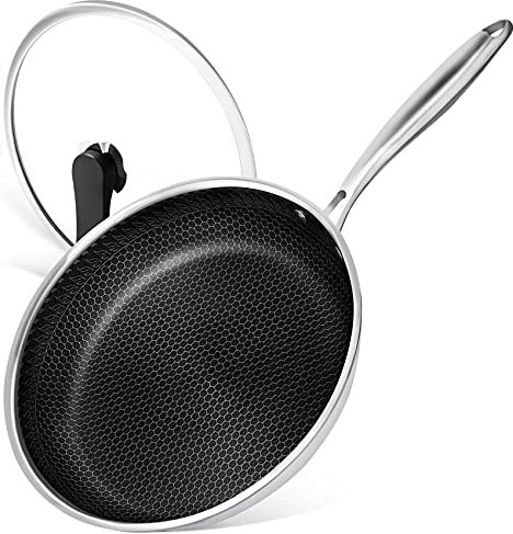 MICHELANGELO Frying Pan with Lid 30cm, Stainless Steel Frying Pan with Nonstick Honeycomb Coating, Non Stick Frying Pan 30cm, Large Frying Pan, Induction Compatible