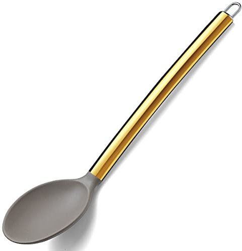 Berglander Gold Cooking Spoon, Non-stick Silicone Solid Serving Spoon Titanium Gold Plating handle, Basting Spoon, Spoon For Cooking, Kitchen Spoon, Dishwasher Safe, Easy to Clean