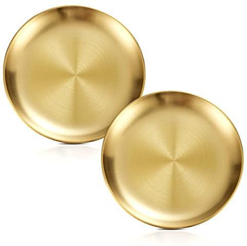 Betinyar 2 Stück Edelstahl Rundes Geschirr Silber Unterteller Edelstahlteller Servierteller Edelstahl Platzteller für Camping, Küche, Party(Gold, 17 cm)