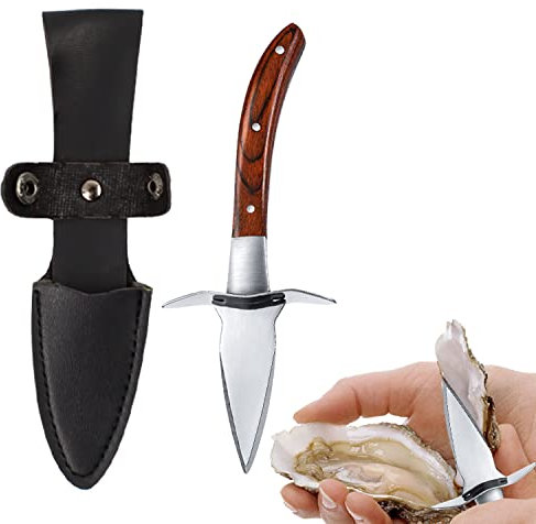 KINHARD Ouvre-huîtres, Ouvre-huîtres avec Protège-main, Manche en Bois Approprié en Acier Inoxydable, pour Crustacés, Fruits de Mer, Outils