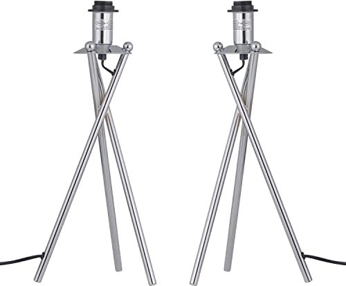 firstchoicelighting Set of 2 Polished Chrome Tripod Table Lamps or Bedside Lights Bases, Modern Design, Height 40cm, Bases Only, LED Compatible