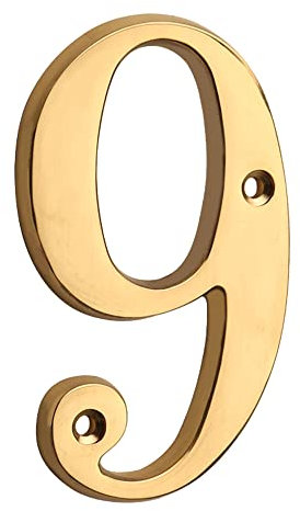 HASWARE 12 cm Numero civico moderno in ottone lucido, elegante, numeri di porta, cartello stradale, cifre dell'indirizzo della casa (9, Laiton)