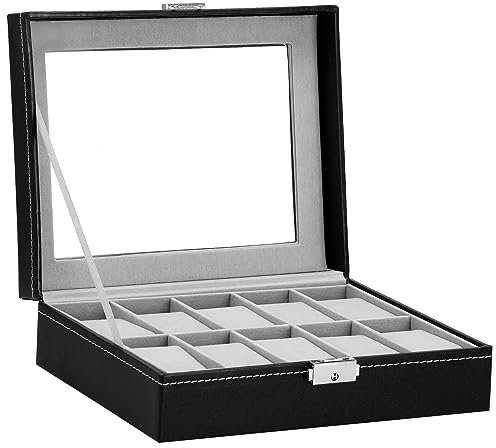 SPRINGOS Uhrenkassette für 10 Uhren Kunstleder-Kassette 25 x 20 x 8 cm Uhrenbox Schmuckschatulle Sichtfenster