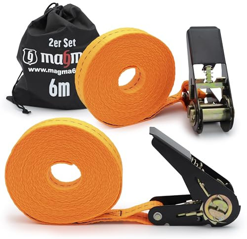MAGMA 2 Spanngurte mit Ratsche 6m I Befestigungsriemen, Dachträger, Anhänger | Längenverstellbare Spannriemen | Binden Sie Kajak, Surfbrett, Kanu, Fahrrad, Motorrad | Last: 1600kgf/Unit. Orange