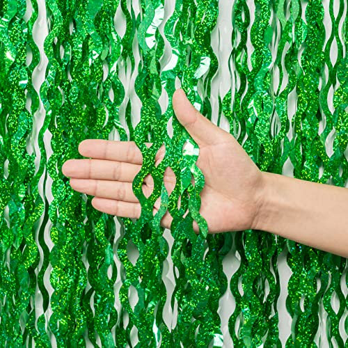 Lametta Vorhang Grün Glitzer, 2 Stück Metallic Folie Fransen Lametta Vorhänge, Streamer Tinsel Curtain Photo Backdrop für Geburtstag Babyparty Verlobungs Dschungel Safari Weihnachten Deko (1m x 2m)