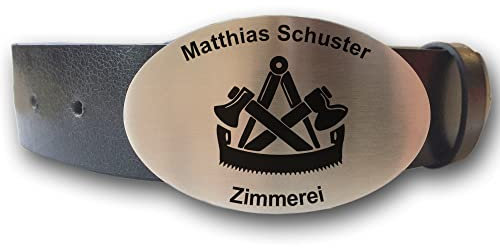elbedruck Ledergürtel mit ovaler Gürtelschnalle Zunftzeichen Zimmerer und Wunschgravur personalisiert Dein Text Name Firmenname Zimmermann Geschenk (M (Länge 110 cm))