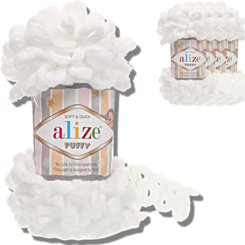 Alize 5x 100g Puffy türkische Wolle Super Bulky Chenillegarn Kuschelweich Babywolle Handstrickgarn zum häkeln weiches Chenille-Garn XXL-Knäuel für Amigurumi (White | 55)
