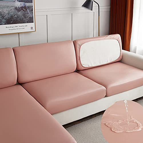 Surwin Wasserdicht Sofa Sitzkissenbezug Sitzkissenschutz, Stretch Kunstleder Kissenbezug Sofakissen Schonbezug Sofasitzbezug für Sofa Sitzkissen Möbelschutz (4 Sitzer Plus,Rosa)