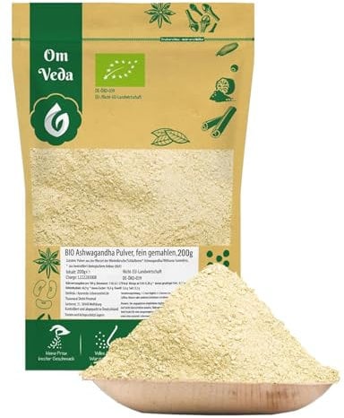 BIO Ashwagandha Pulver 200g | Fein Gemahlen Churna | Ayurveda Produkte | Ashwagandha Wurzelpulver Indischer Ginseng | OmVeda Gewürze