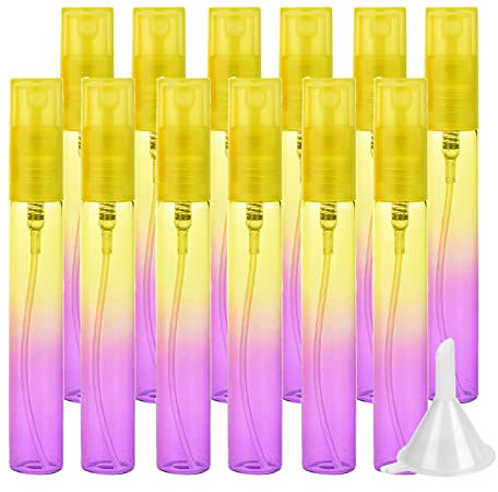 LusDoly Pack of 24, Empty 8ml Gradient Yellow Purple Glass Fine Mist Bottles with Sprayer Water Spray Bottles for Perfume Atomiser Cosmetic Cleaning Liquid, Essential Oil