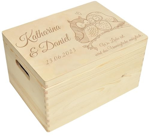 CHICCIE Holzbox zur Hochzeit Personalisiert Eulenpaar 40x30x23cm Holztruhe